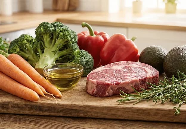 Fresh vegetables and proteins arranged for meal prep